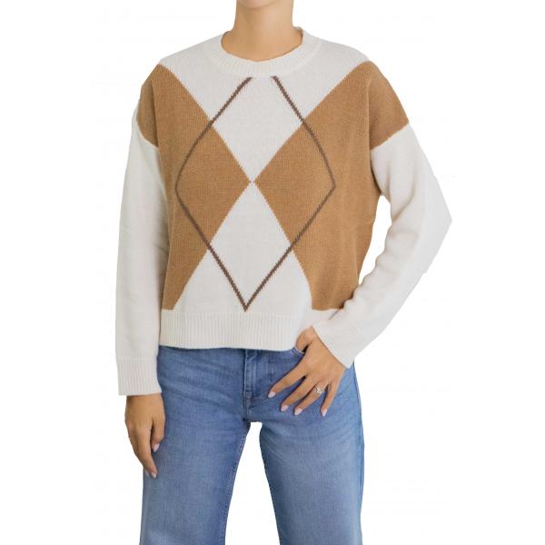 Maglione con rombi bicolore girocollo misto cashmere